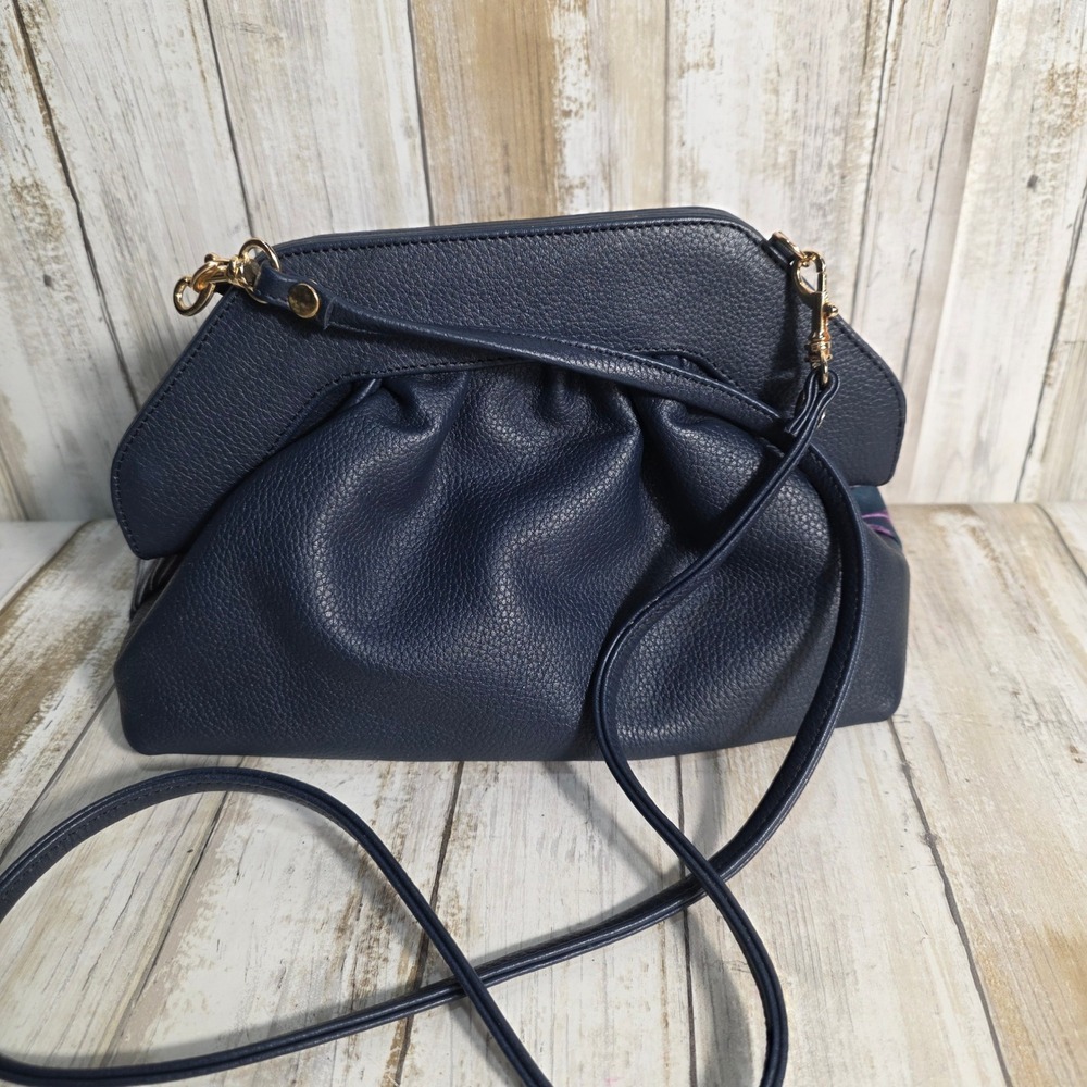 Vintage Navy Leather & Purple Bird Print Reversible Frame Clutch Crossbody Bag - Picture 3 of 6